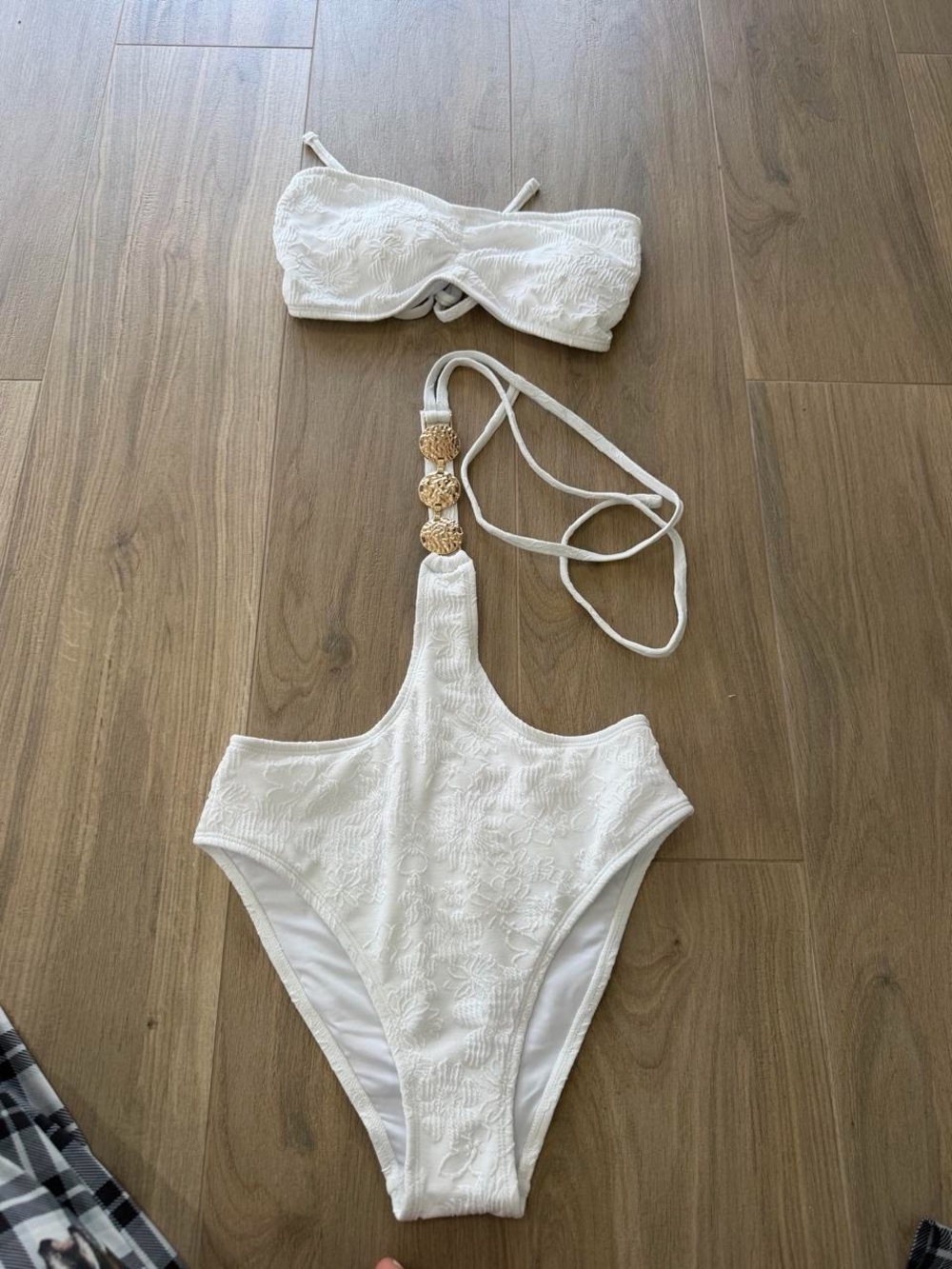 Cupshe White Textured One-Shoulder Monokini with Gold Bead Accents